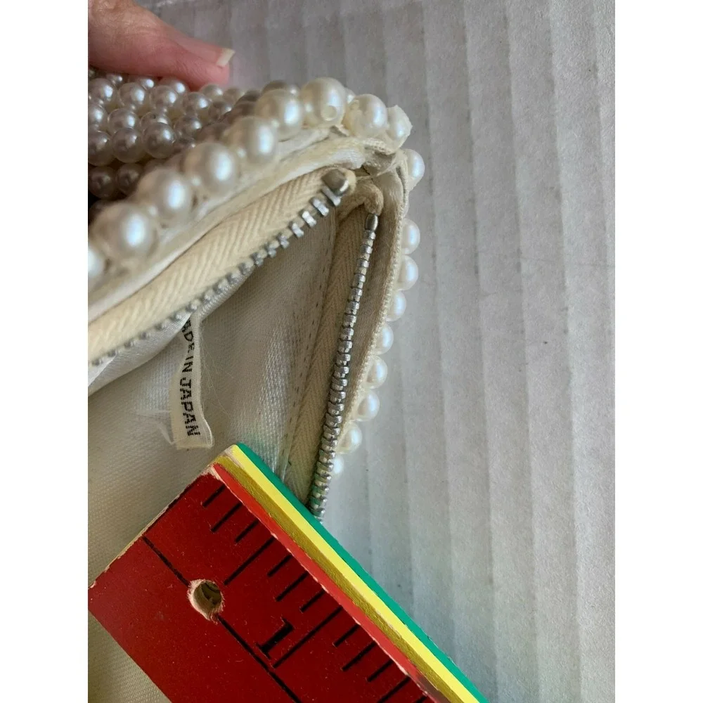 Lovely Vintage Clutch Purse Faux Pearl Art Deco Scallop Edge Zip Made in Japan